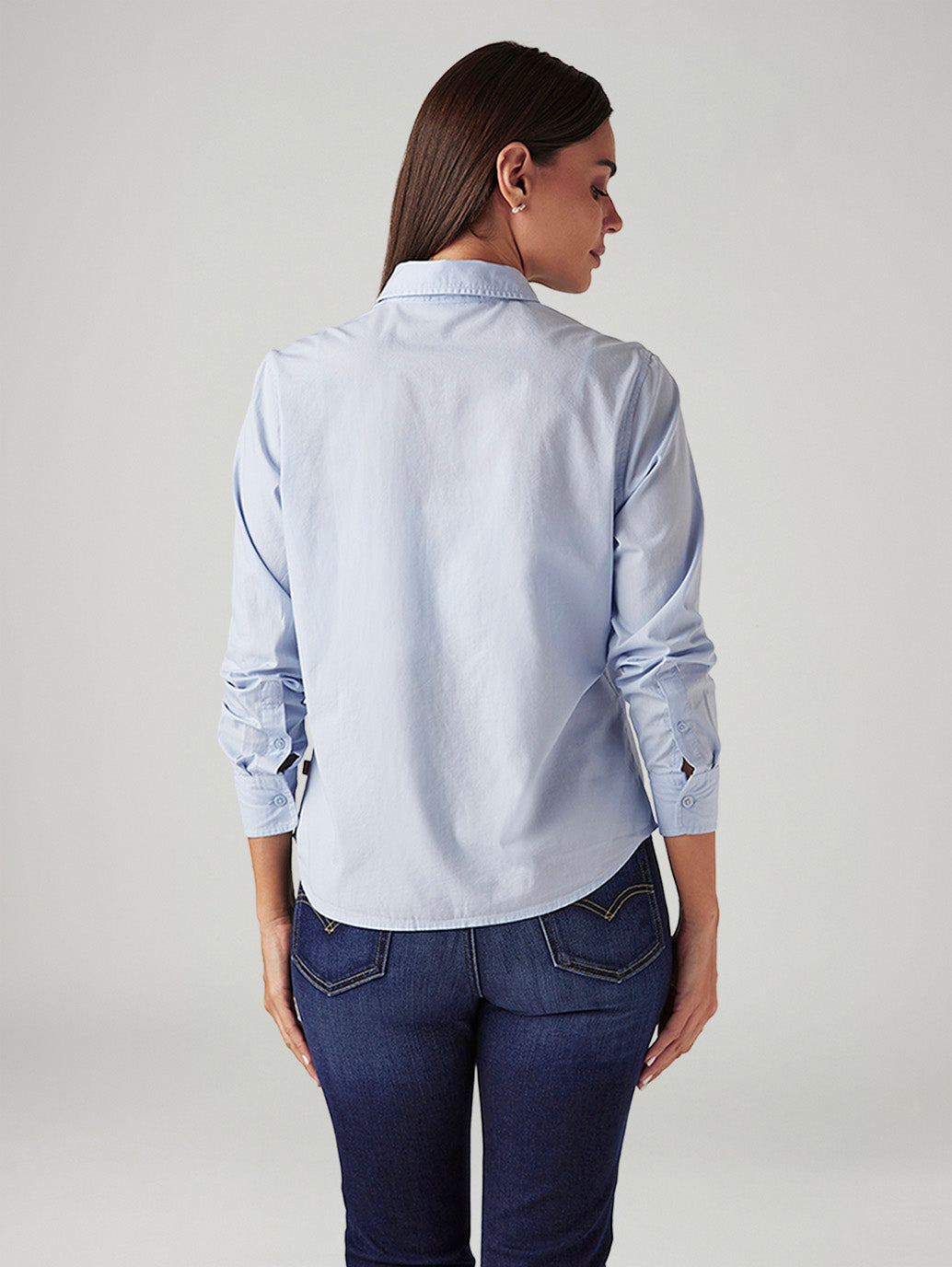 Women's Solid Light Blue Spread Collar Shirt - Back View