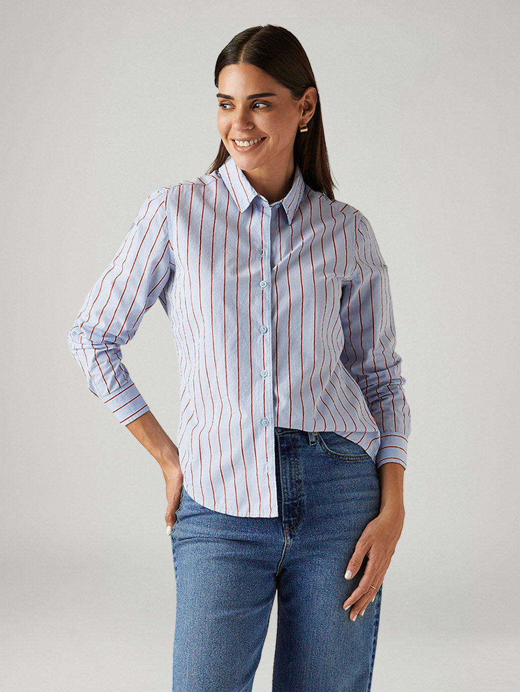 Women's Striped Light Blue Slim Fit Shirt - Styleshot View