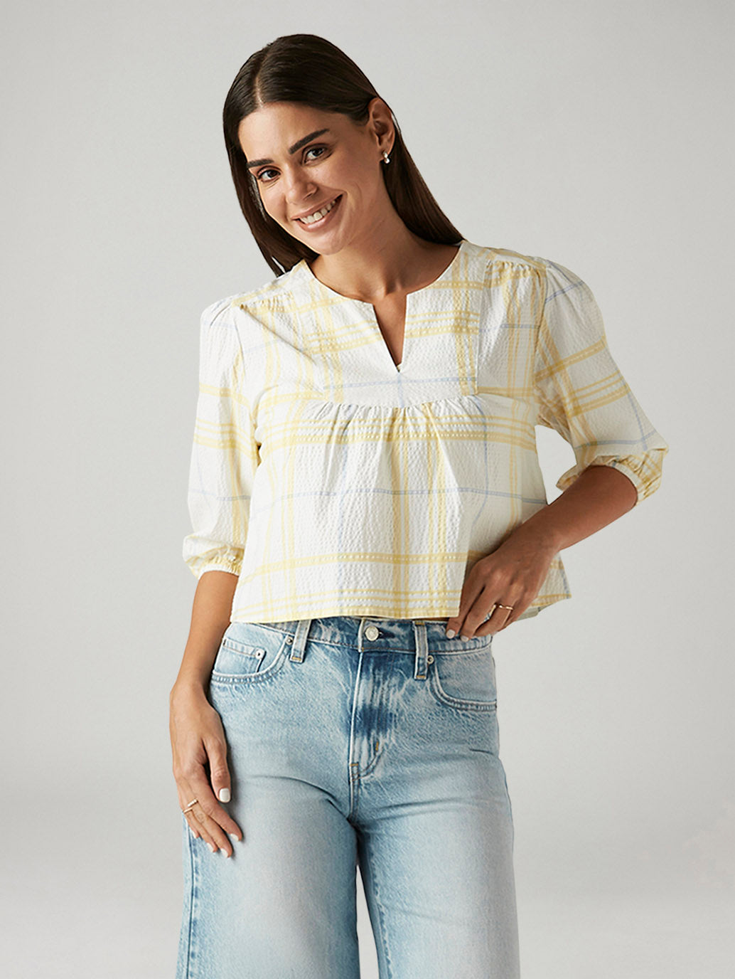 Women's Checkered White V-Neck Top - Styleshot View