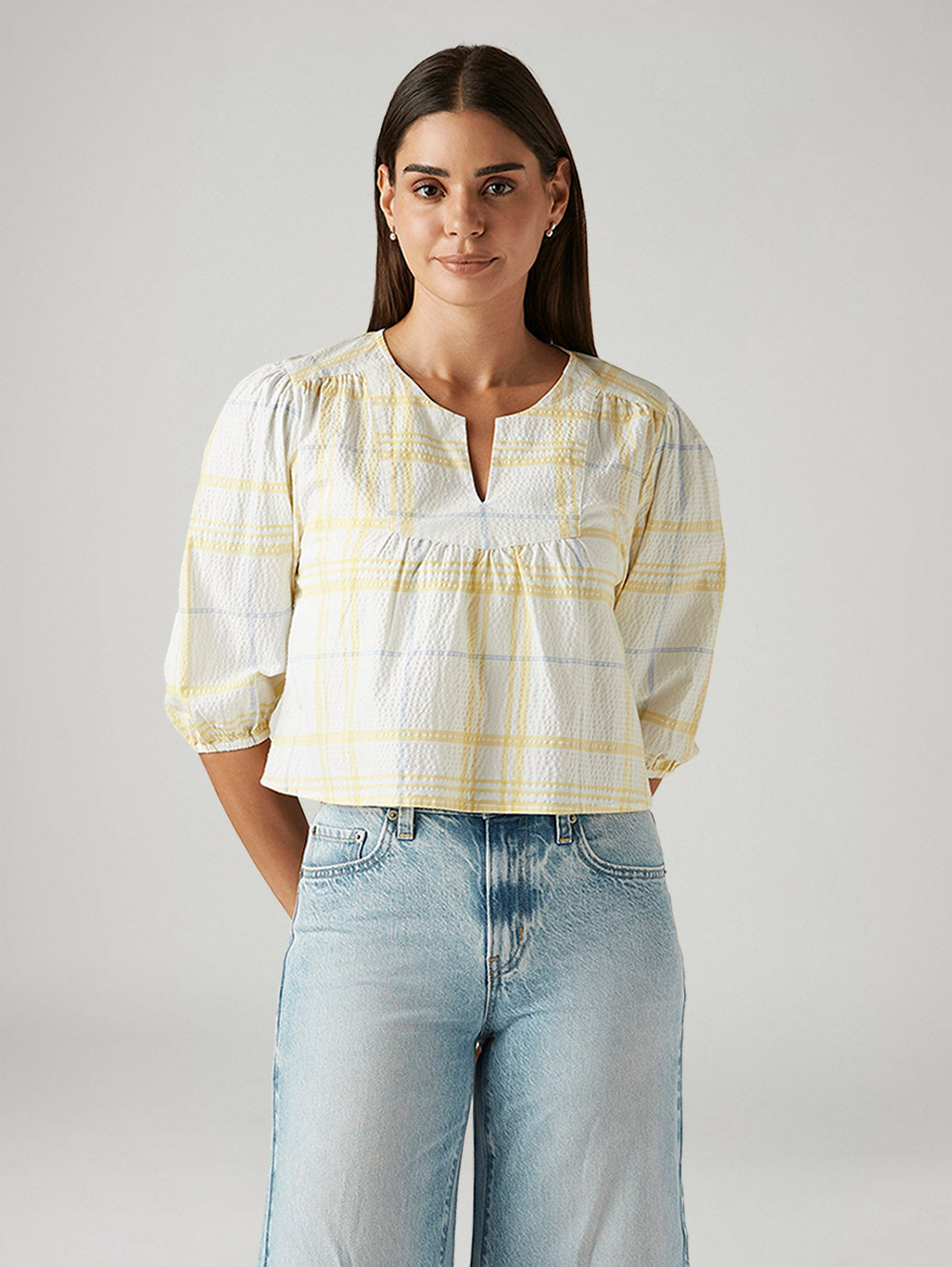 Women's Checkered White V-Neck Top - Front View