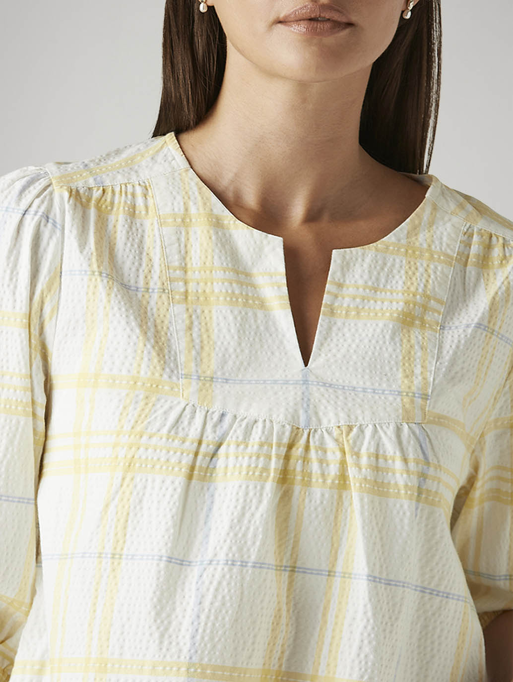 Women's Checkered White V-Neck Top - Detail View