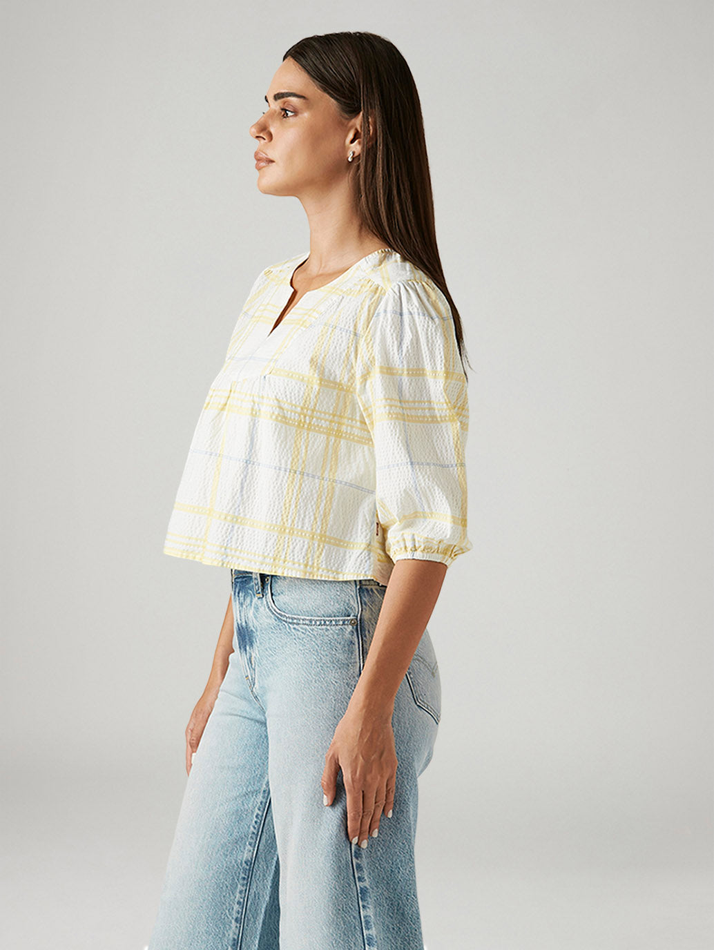 Women's Checkered White V-Neck Top - Side View