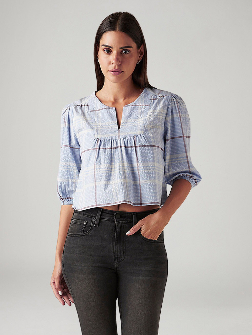 Women's Checkered Light Blue V-Neck Top