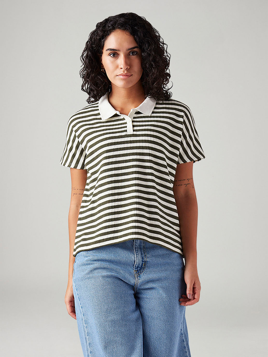 Women's Striped Relaxed Fit Polo T-Shirt - Front View