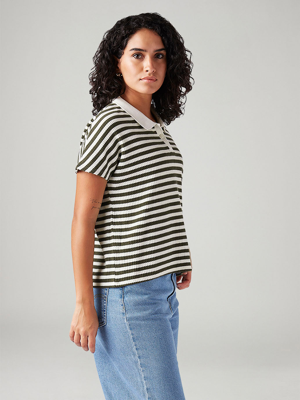 Women's Striped Relaxed Fit Polo T-Shirt - Side View