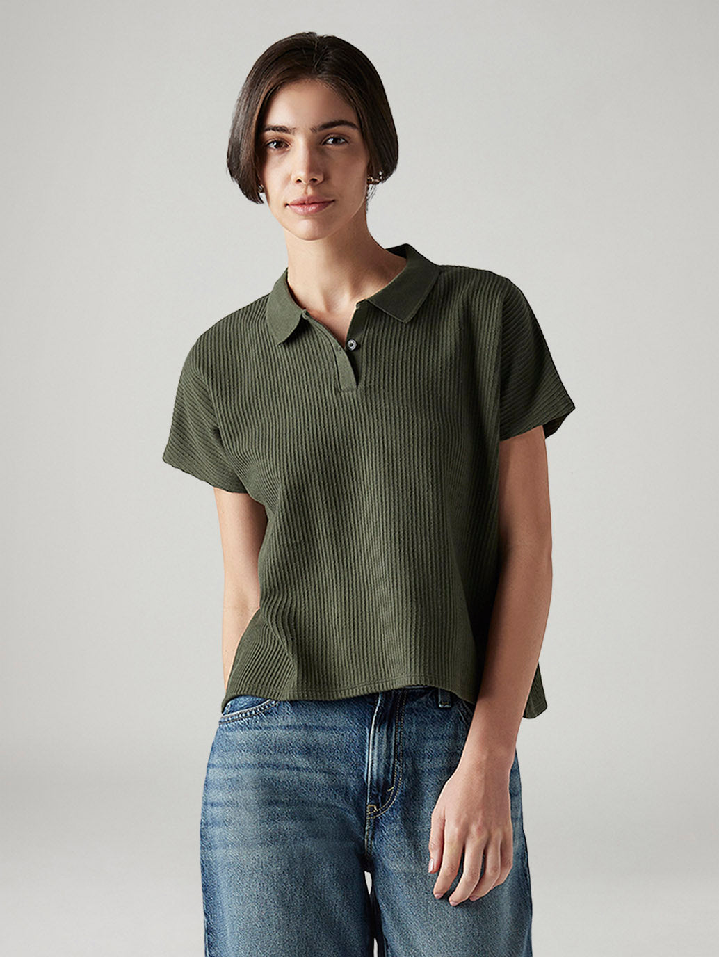 Women's Textured Olive Relaxed Fit Polo T-shirt - Styleshot View