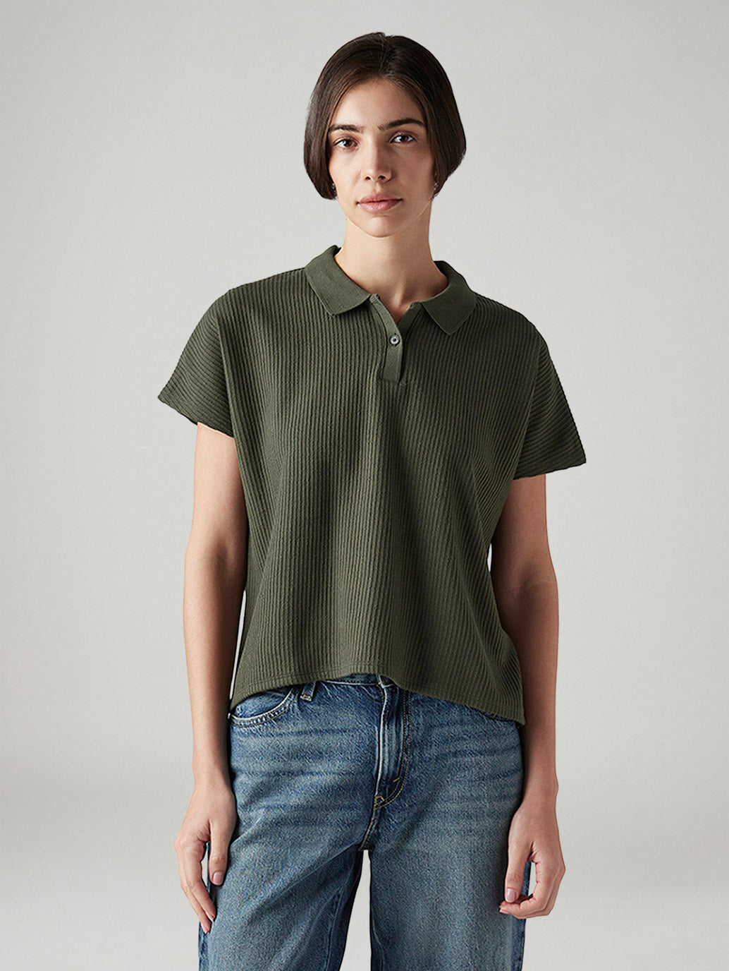 Women's Textured Olive Relaxed Fit Polo T-shirt - Front View