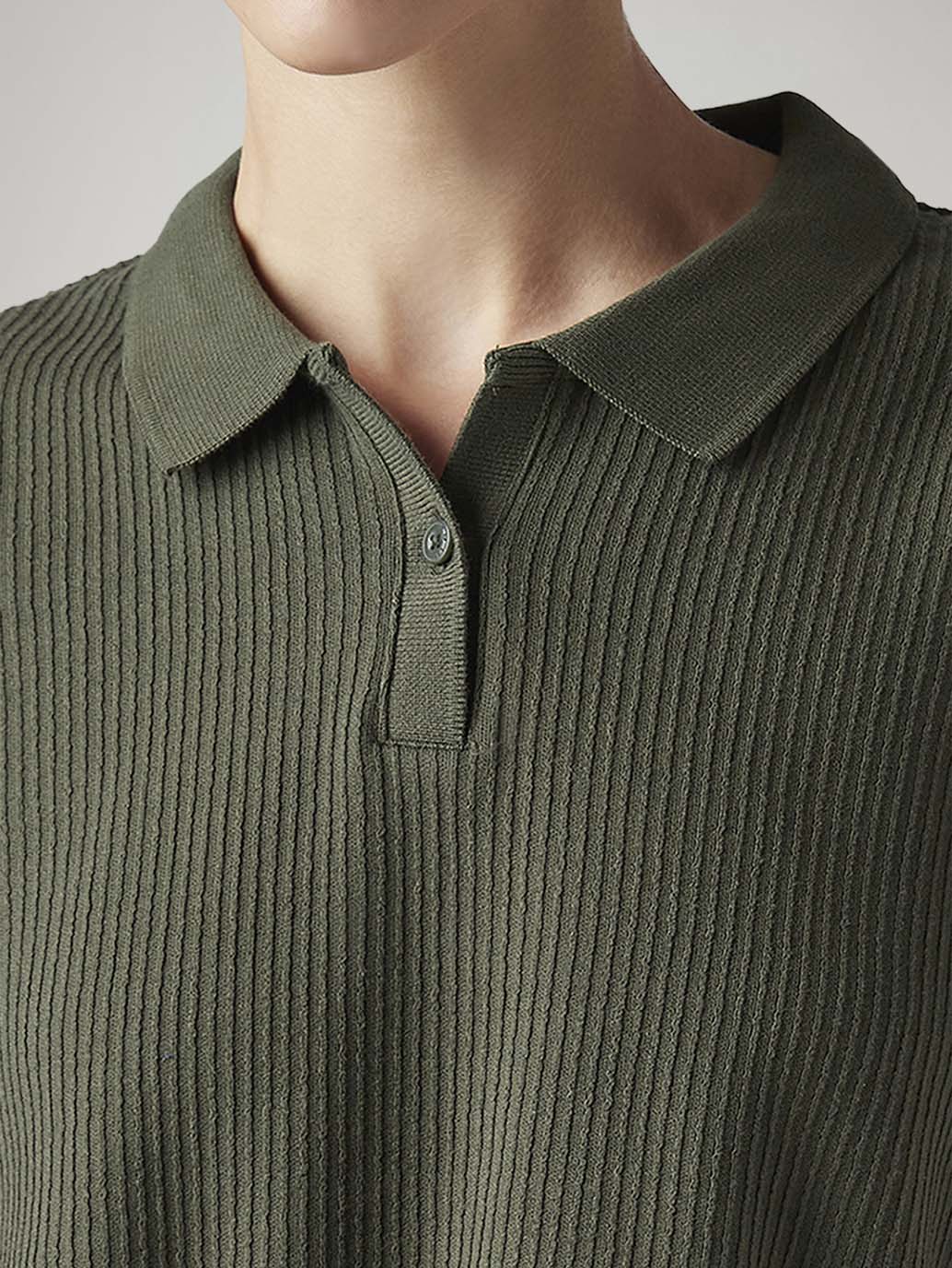 Women's Textured Olive Relaxed Fit Polo T-shirt - Detail View