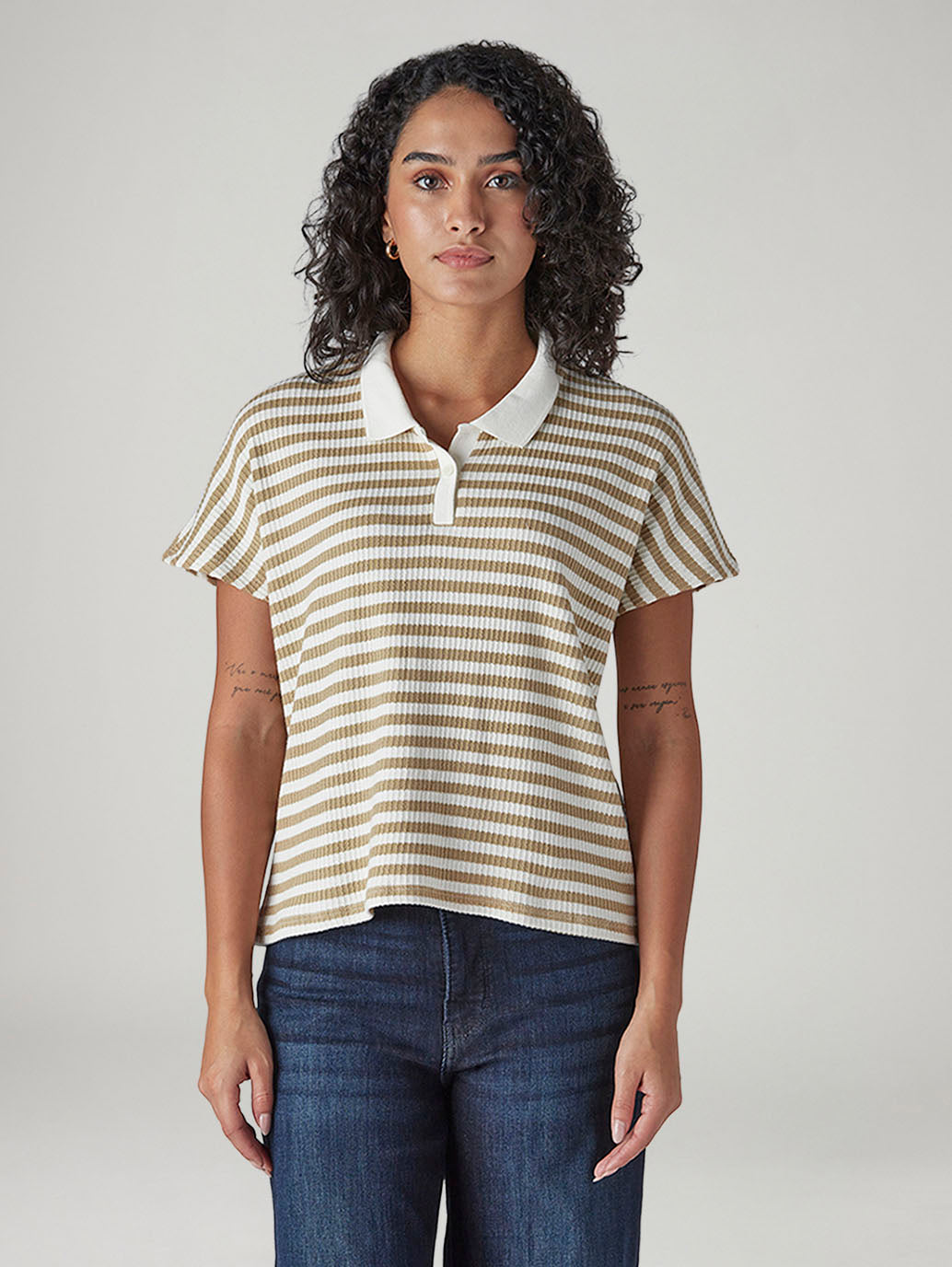 Women's Striped Beige Relaxed Fit Polo T-shirt - Front View