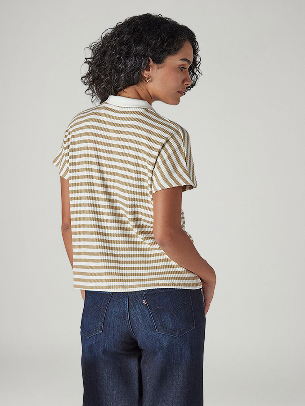 Women's Striped Beige Relaxed Fit Polo T-shirt - Back View
