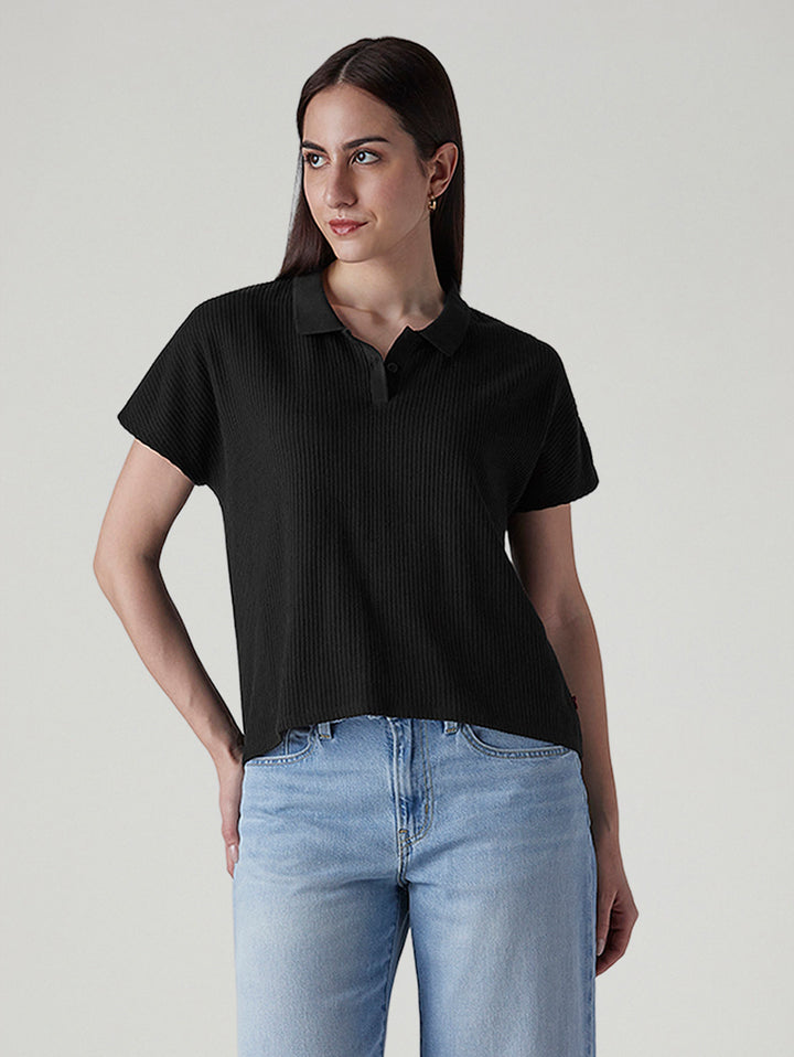 Women's Textured Black Relaxed Fit Polo T-shirt