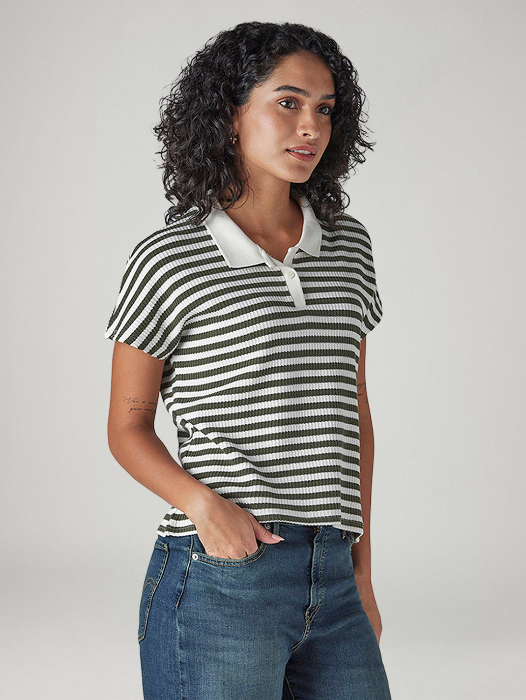 Women's Striped White Relaxed Fit Polo T-shirt - Side View