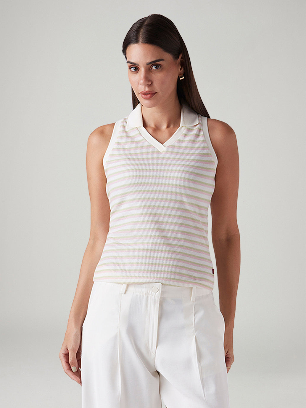Women's Striped Off White Polo Collar Top