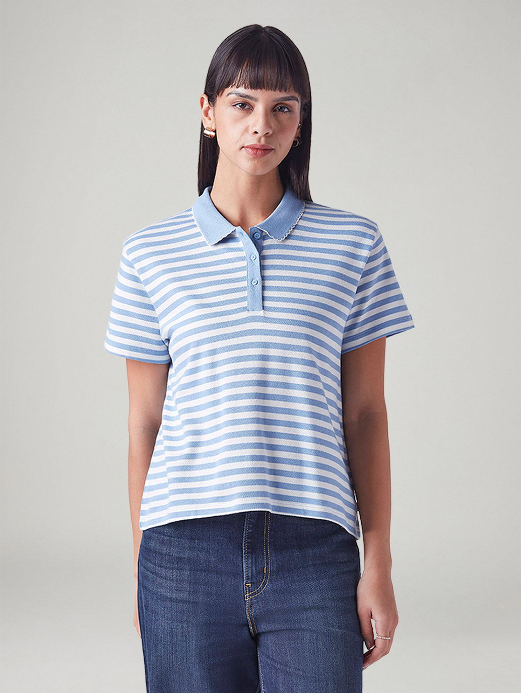 Women's Embroidered Striped Light Blue Polo T-shirt - Front View