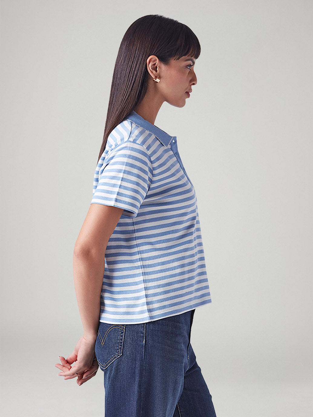 Women's Embroidered Striped Light Blue Polo T-shirt - Side View