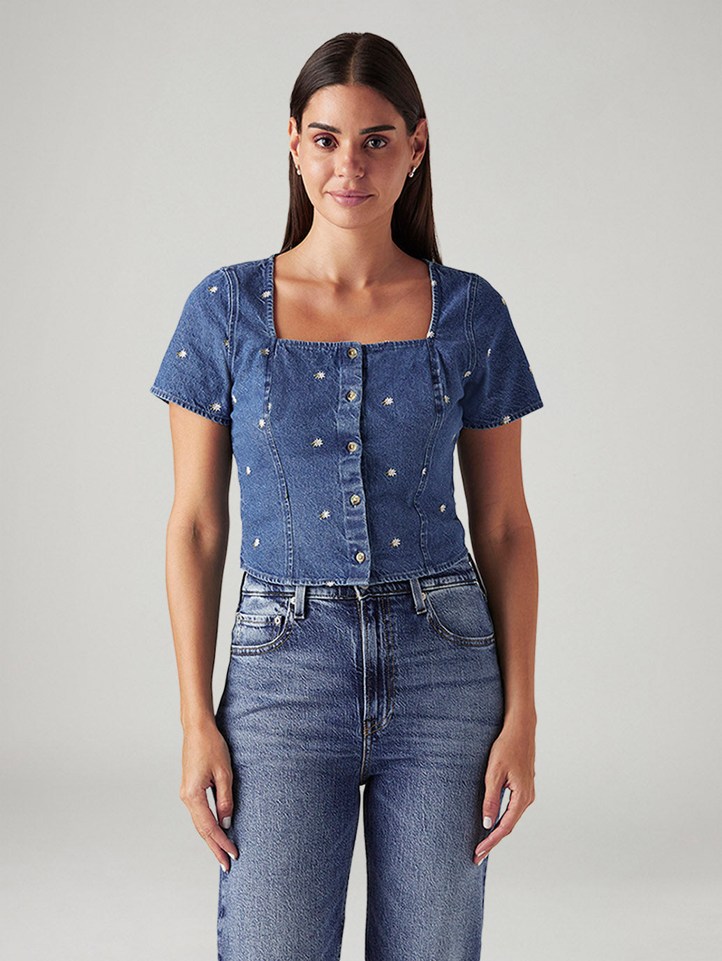 Women's Embroidered Blue Square Neck Top - 85faec49-a9c4-416e-8890-93e8f86bf88d View