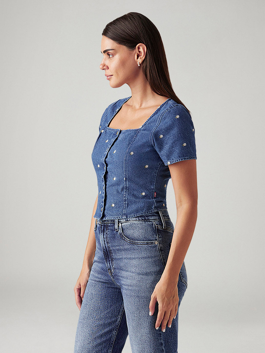 Women's Embroidered Blue Square Neck Top - 57634a3d-cf79-4f69-90c0-3a0a9d687c01 View