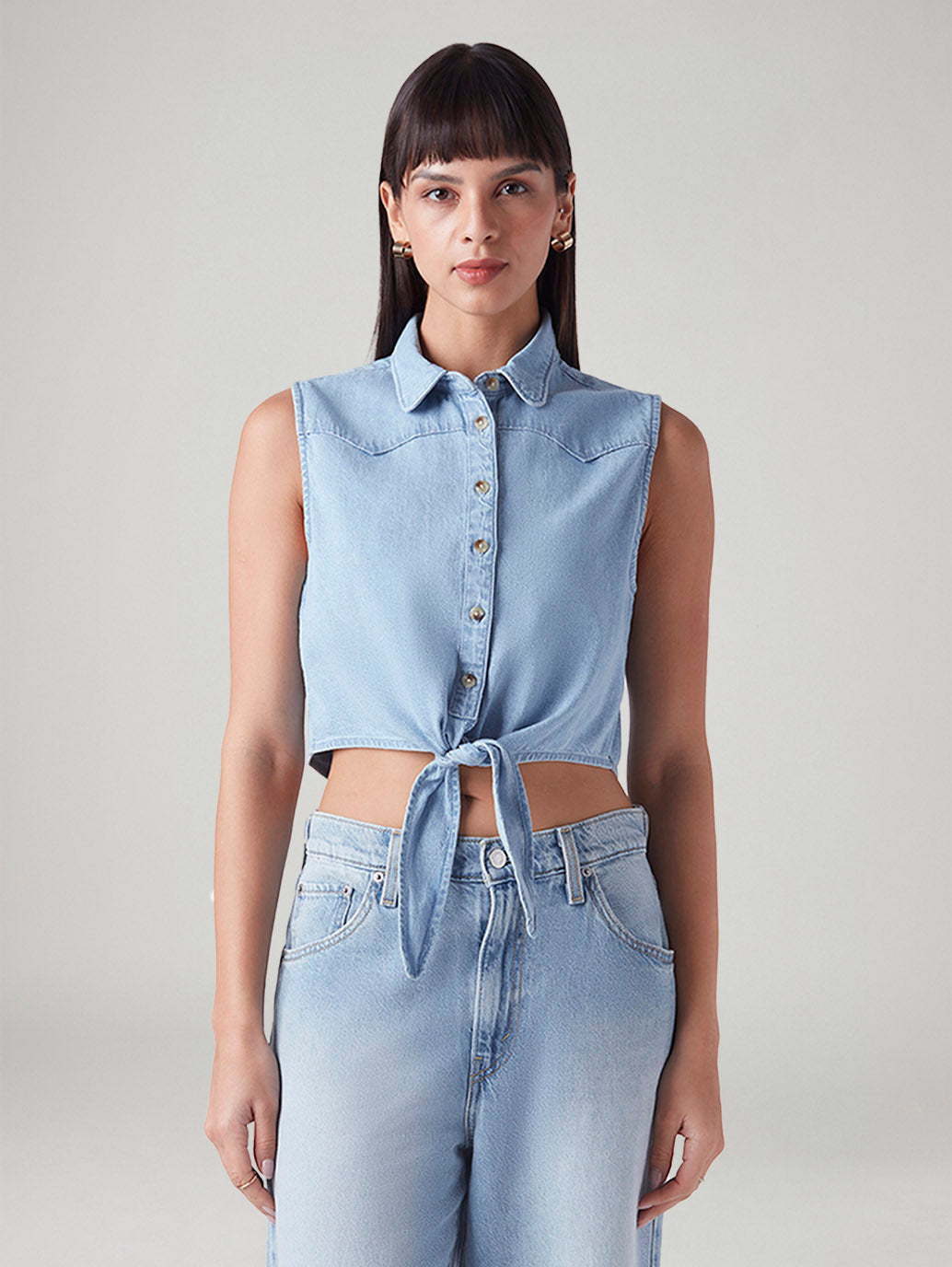 Women's Solid Regular Fit Denim Top - Front View
