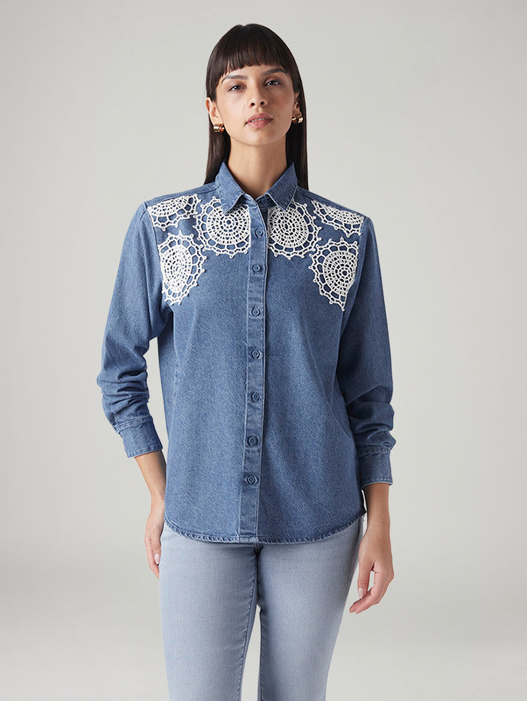 Women's Crochet Relaxed Fit Denim Shirt - Front View