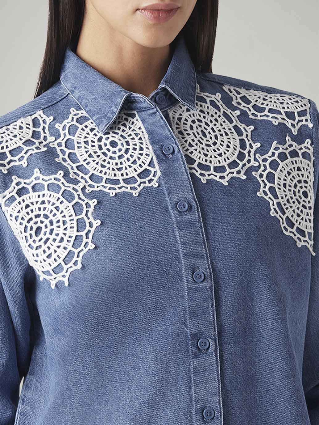 Women's Crochet Relaxed Fit Denim Shirt - 20 View
