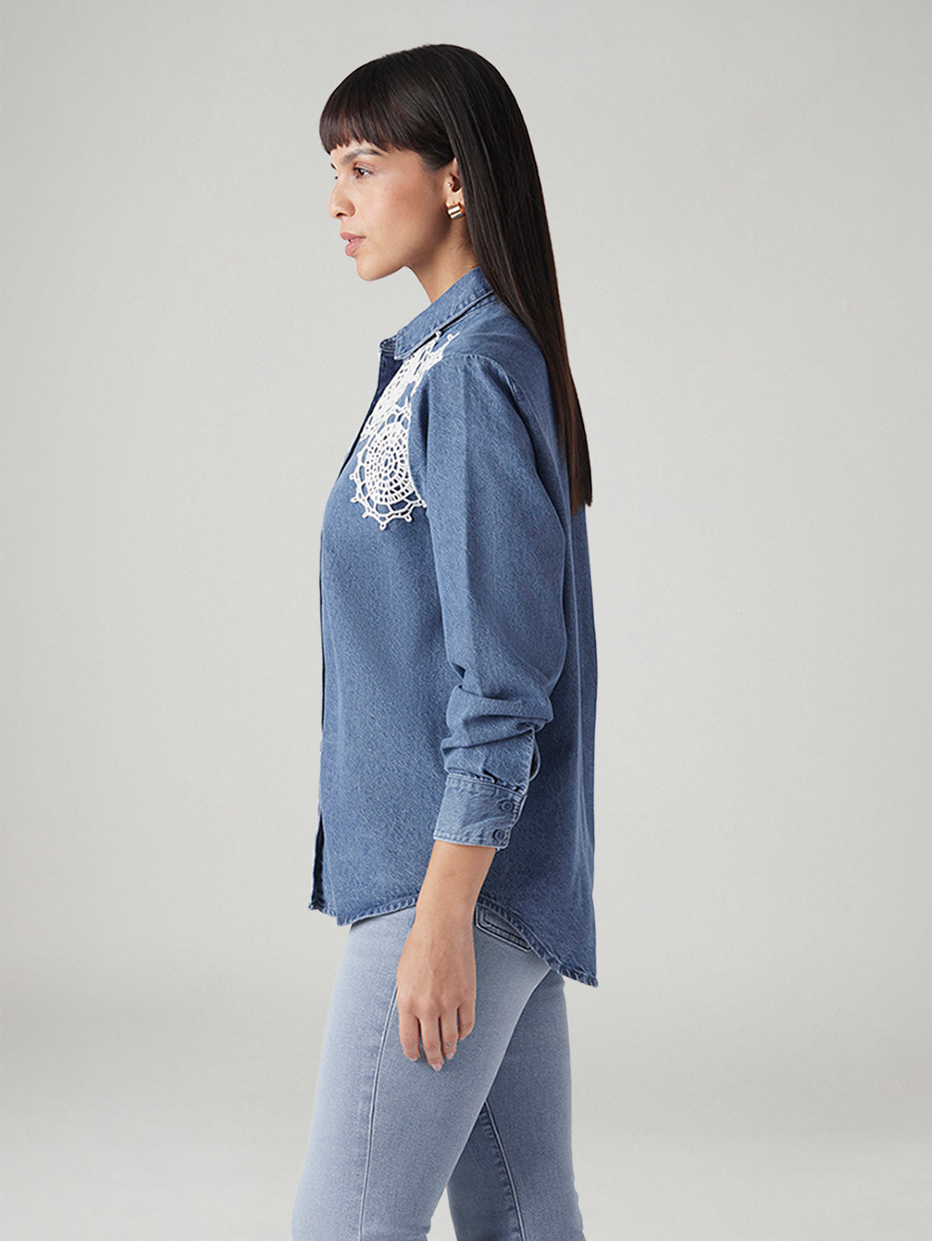 Women's Crochet Relaxed Fit Denim Shirt - Side View