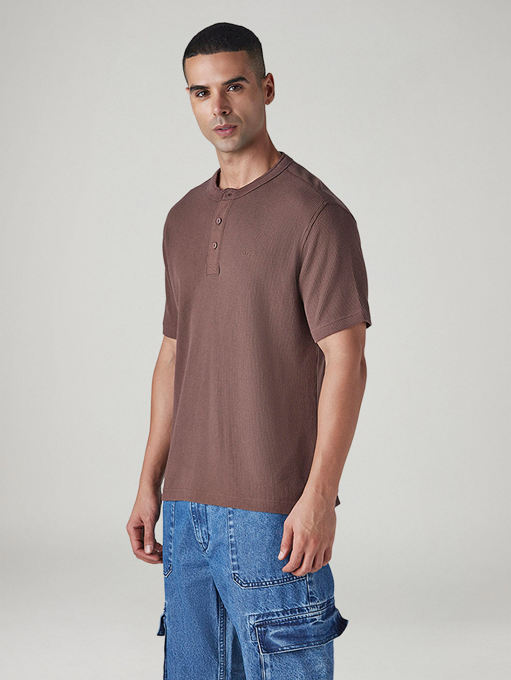 Men's Solid Regular Fit Waffle T-Shirt - Side View
