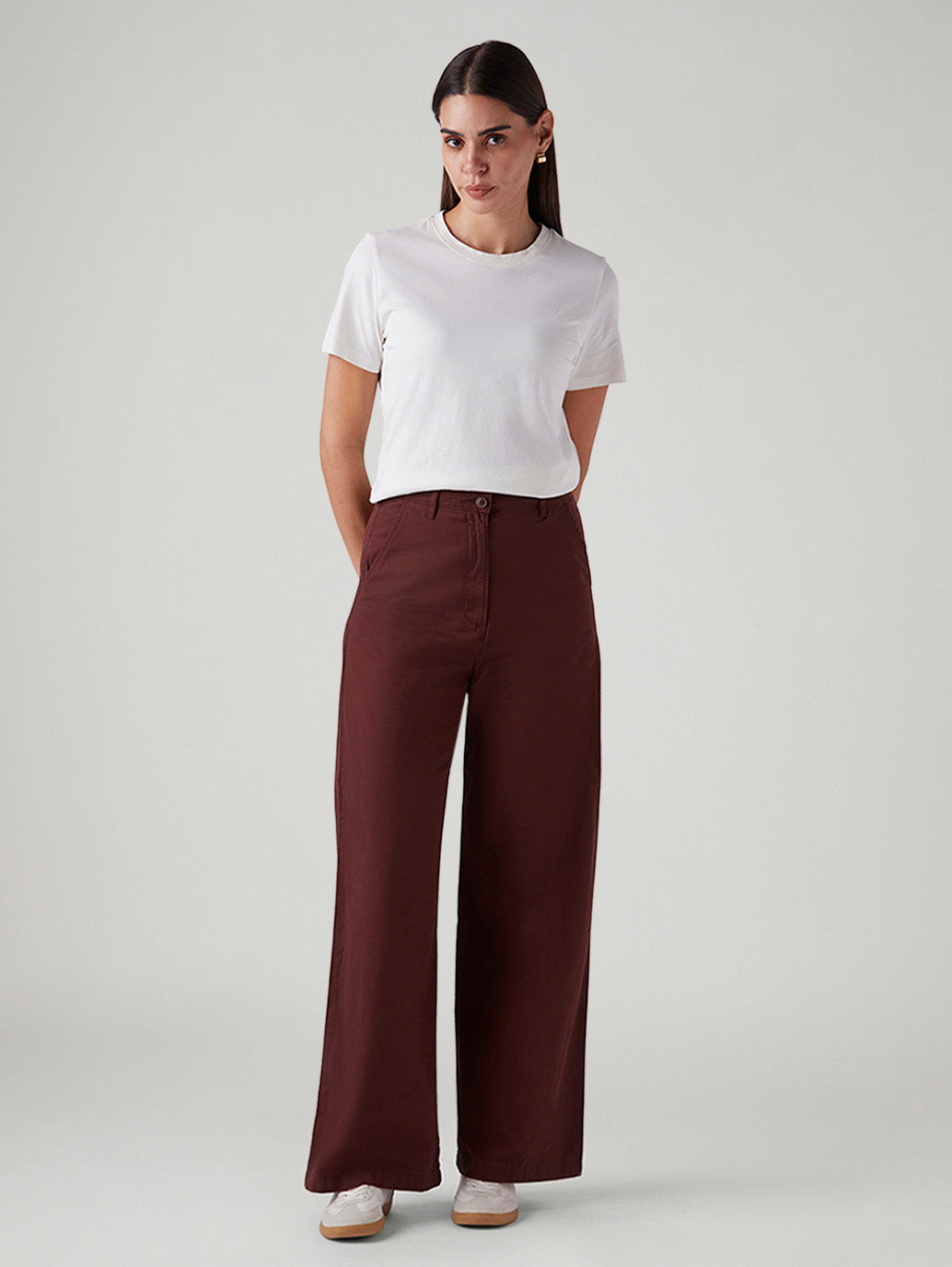 Women's Maroon Loose Fit High Rise Trousers - Front View