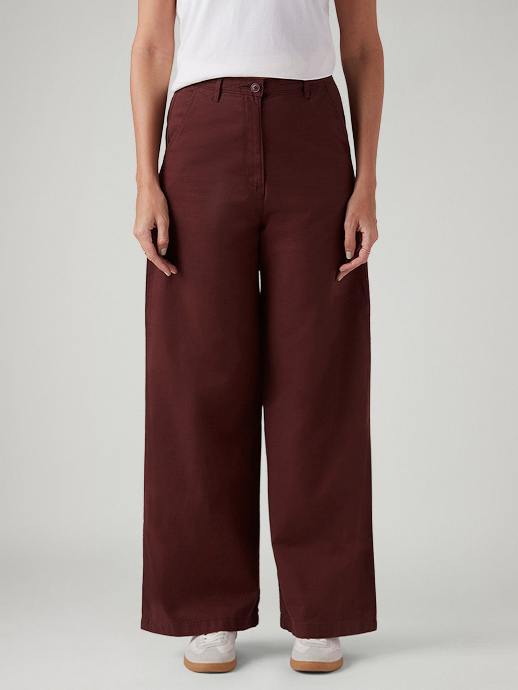 Women's Maroon Loose Fit High Rise Trousers - Front View
