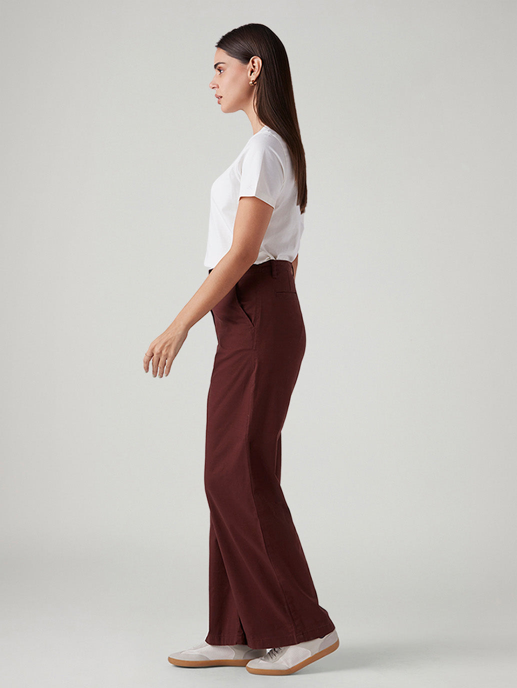 Women's Maroon Loose Fit High Rise Trousers - Side View