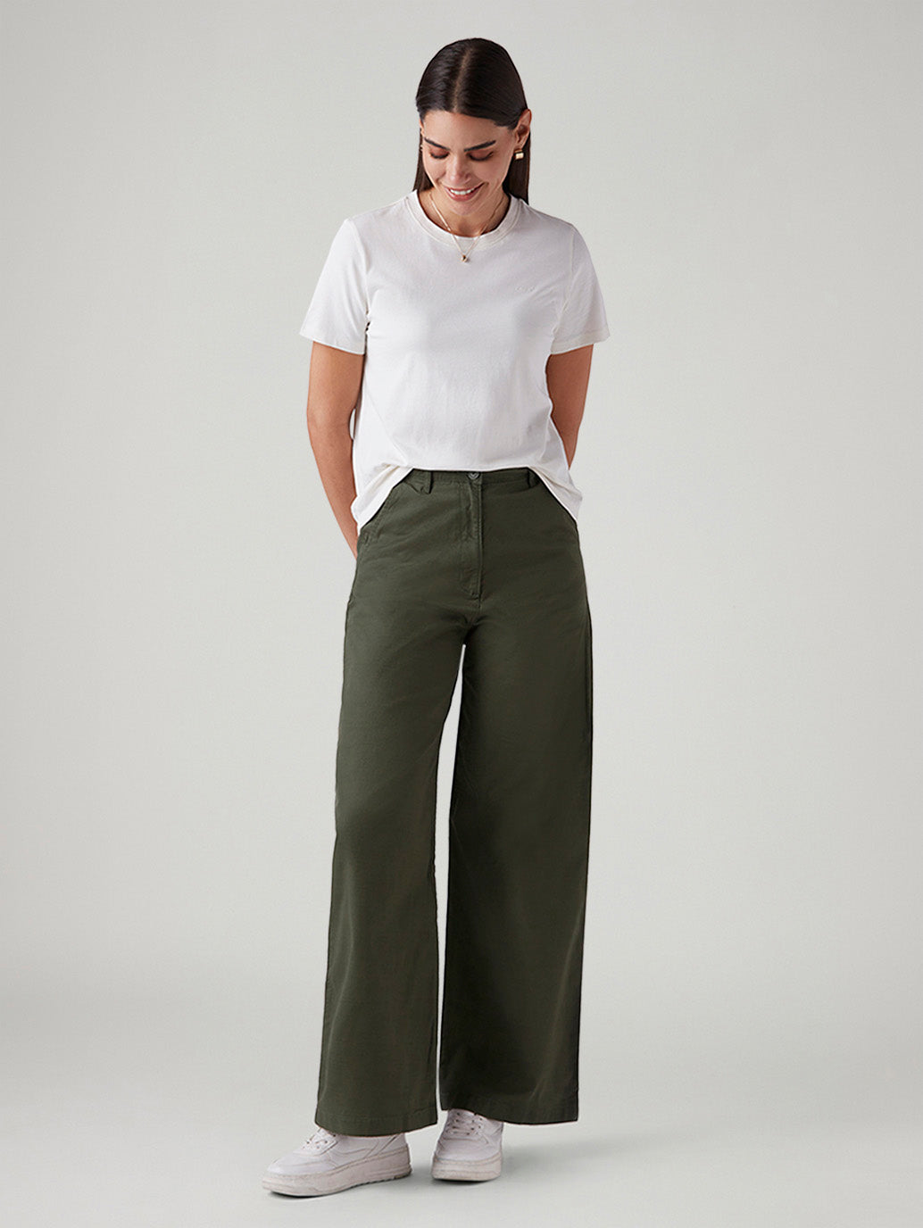 Women's Olive Loose Fit High Rise Trousers - Styleshot View
