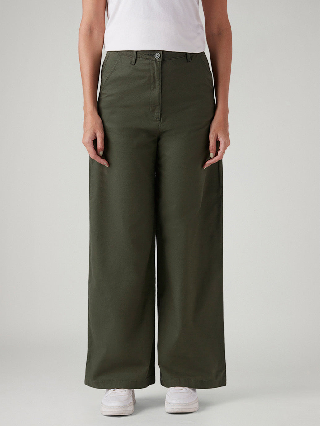 Women's Olive Loose Fit High Rise Trousers - Front View