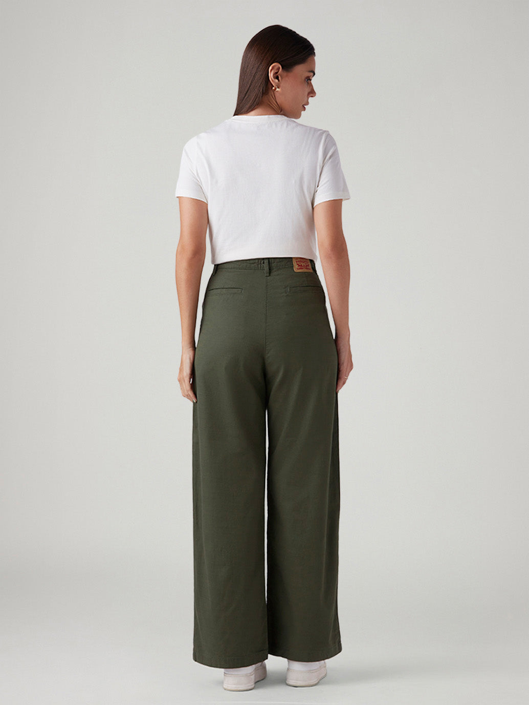 Women's Olive Loose Fit High Rise Trousers - Back View