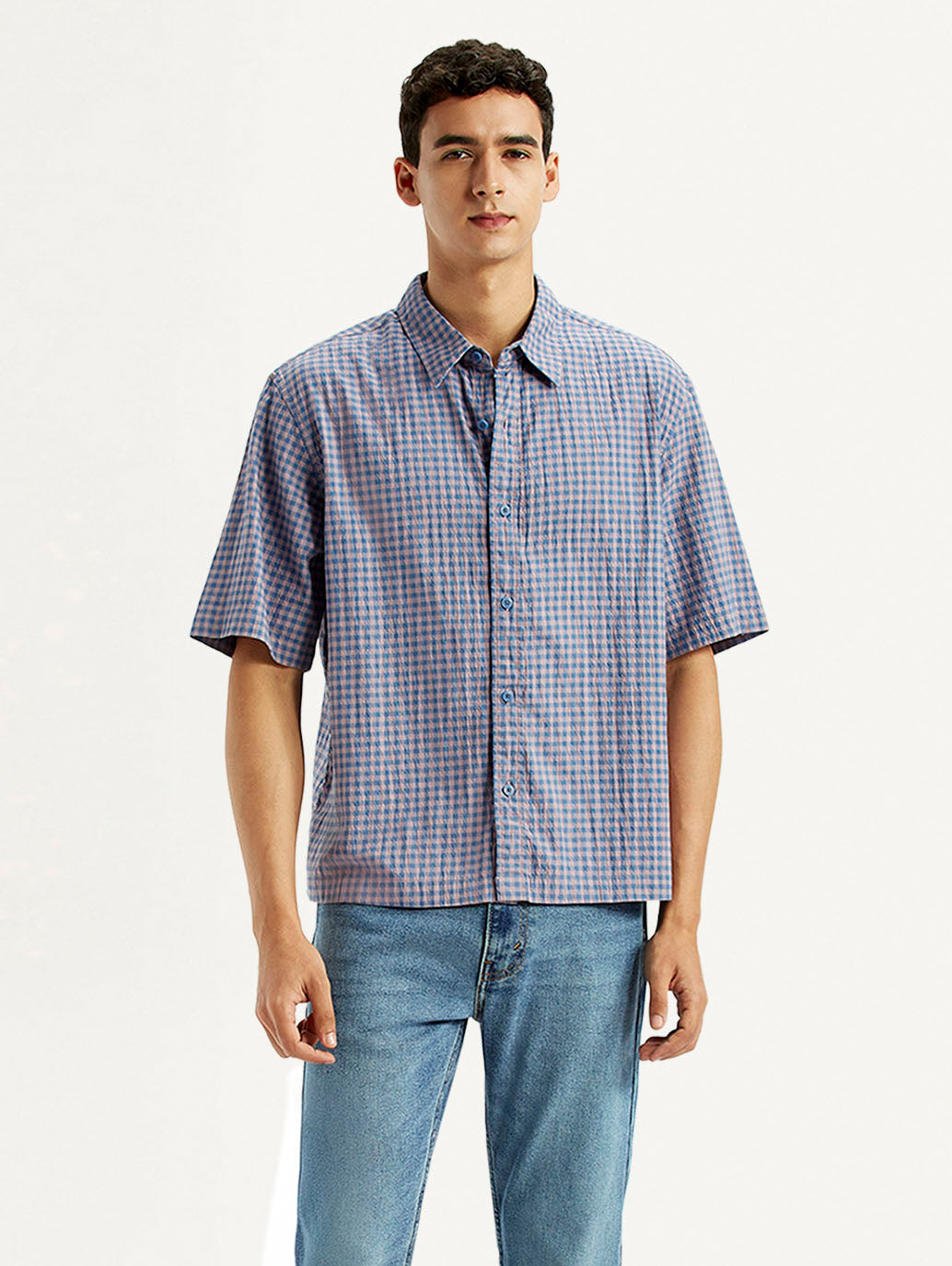 Men's Checkered Blue Boxy Shirt - Styleshot View