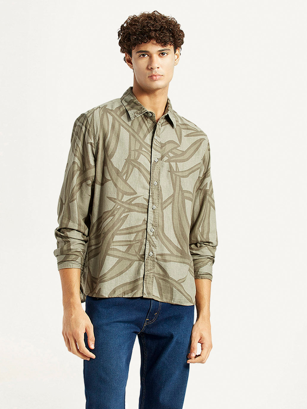 Men's Abstract Taupe Spread Collar Shirt - Front View