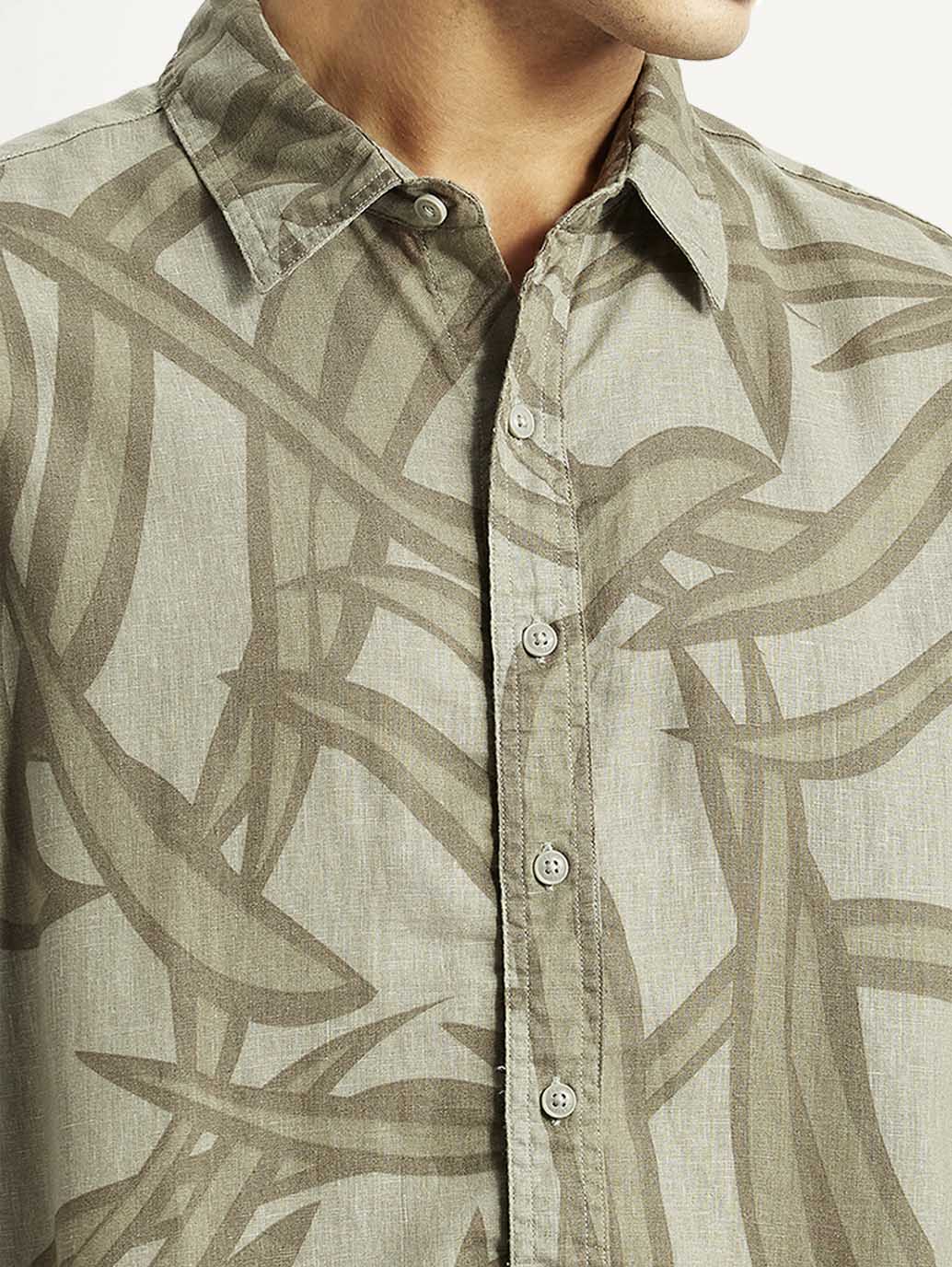 Men's Abstract Taupe Spread Collar Shirt - Detail View