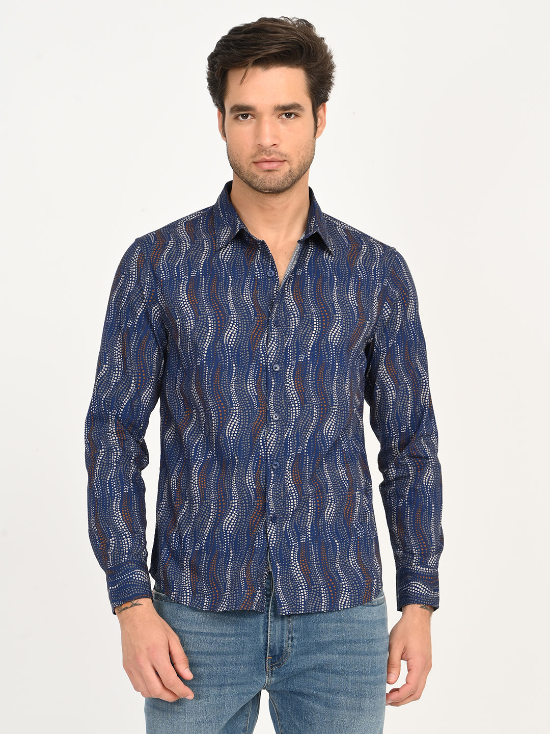 Men's Abstract Navy Slim Fit Shirt - frount View