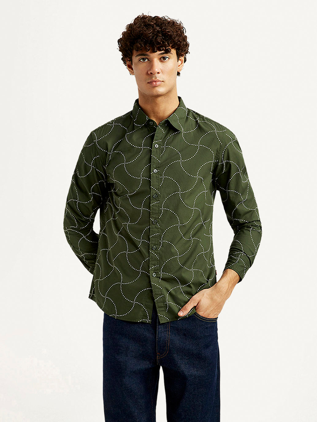 Men's Abstract Olive Slim Fit Shirt - Front View