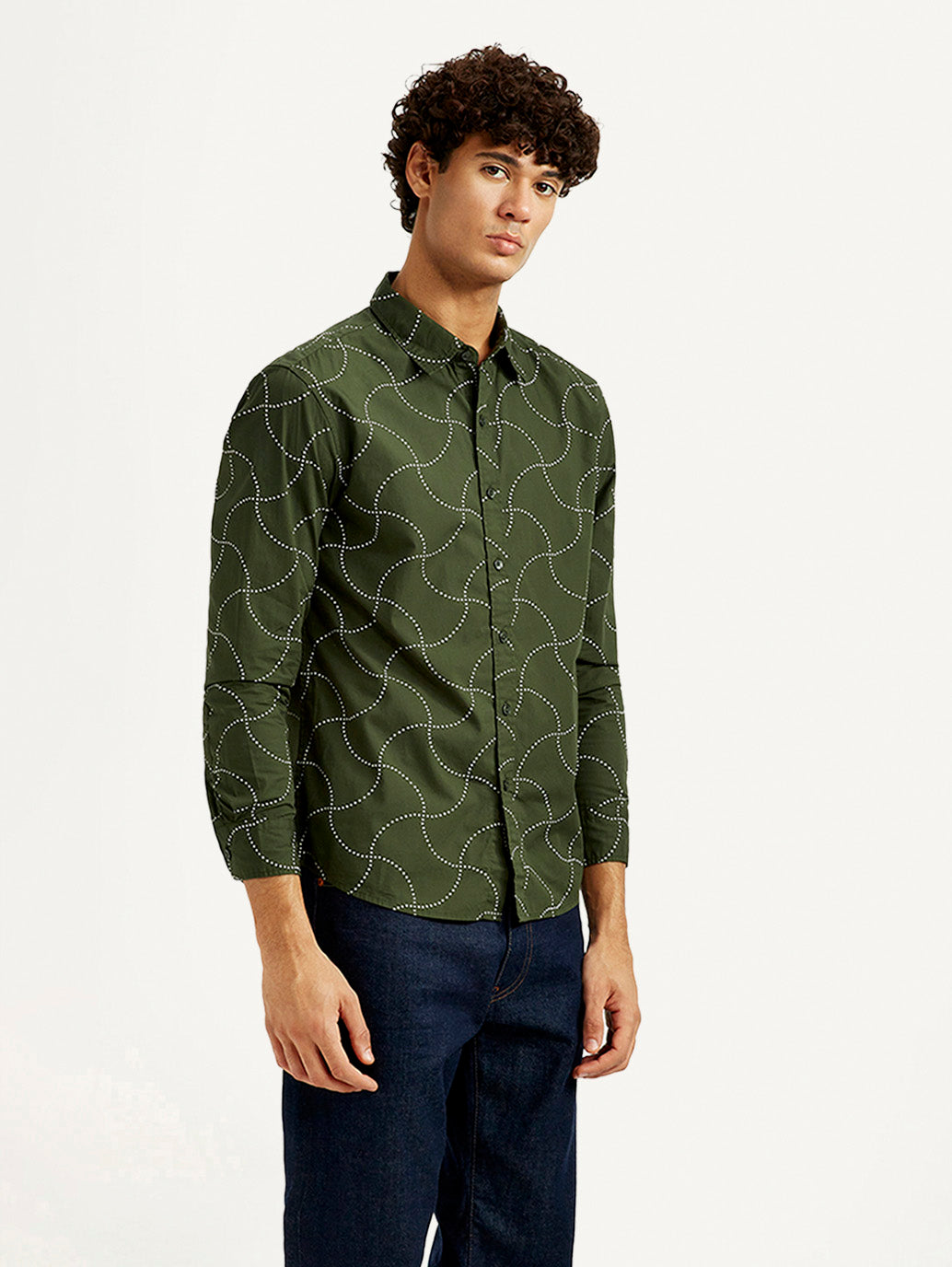 Men's Abstract Olive Slim Fit Shirt - Side View