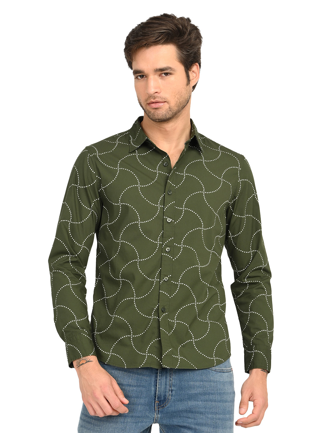 Men's Abstract Olive Slim Fit Shirt - frount View