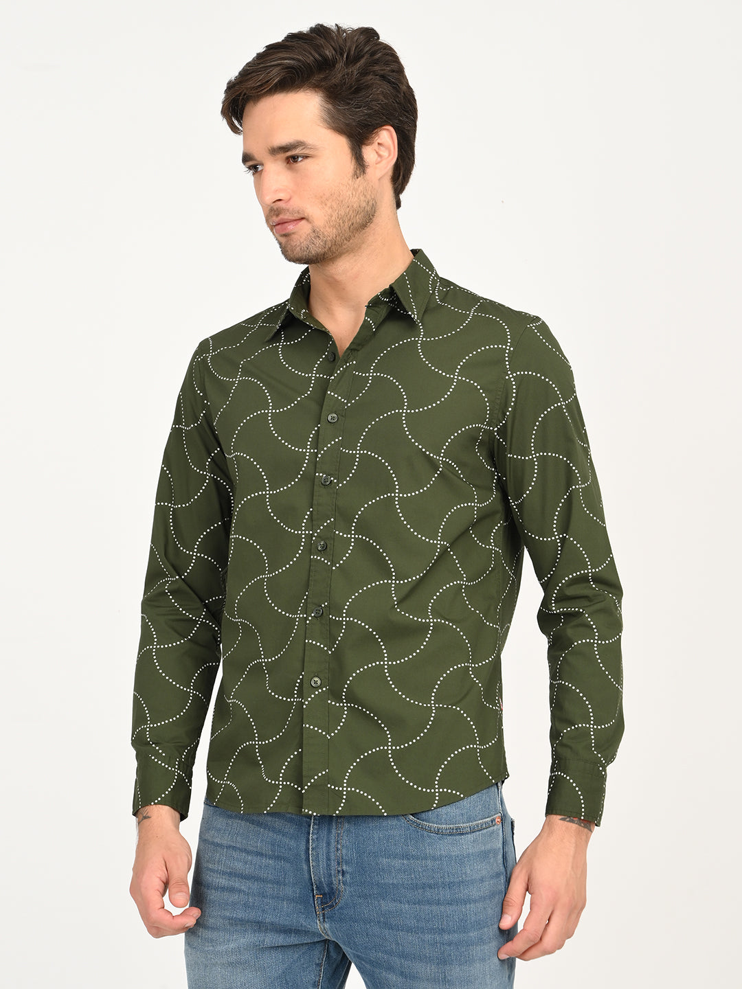 Men's Abstract Olive Slim Fit Shirt - side View