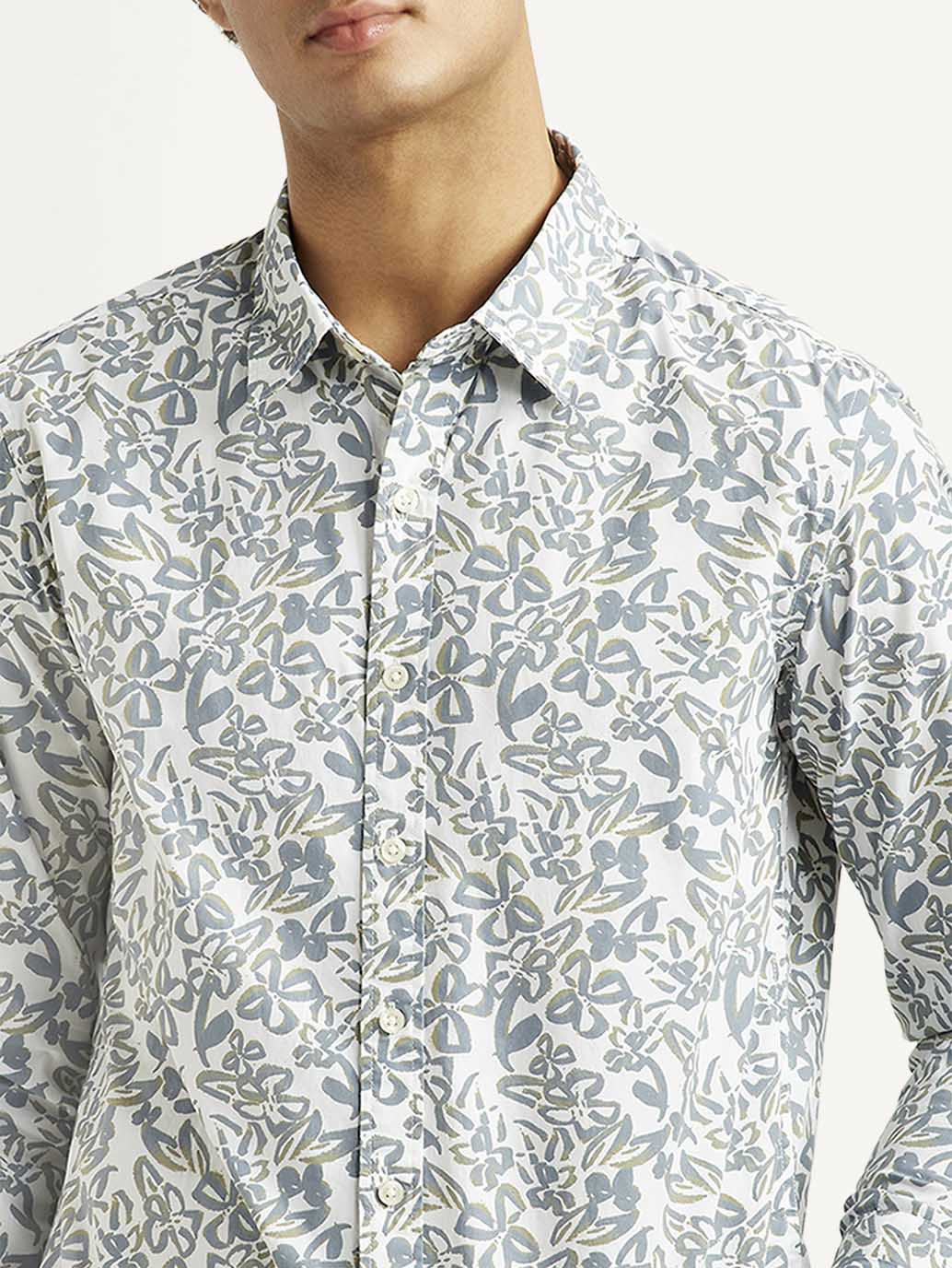 Men's Printed White Slim Fit Shirt - Detail View