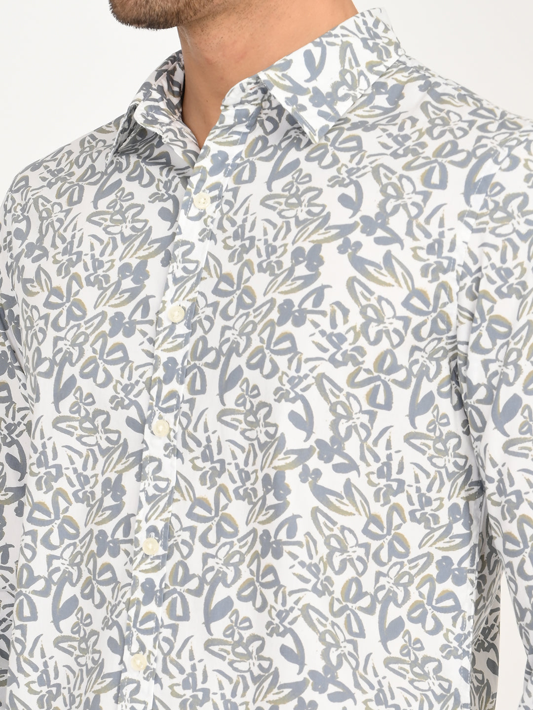 Men's Printed White Slim Fit Shirt - deatil View
