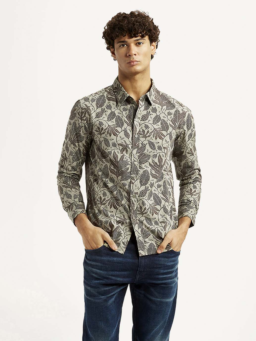 Men's Printed Khaki Slim Fit Shirt
