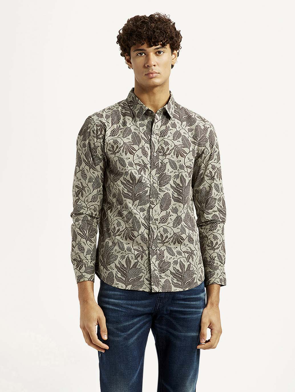 Men's Printed Khaki Slim Fit Shirt - Front View