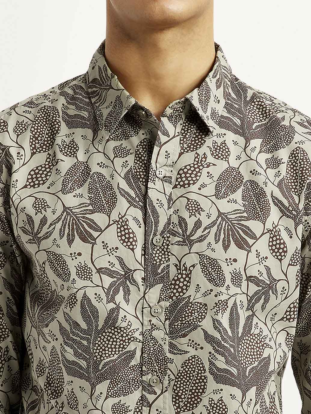 Men's Printed Khaki Slim Fit Shirt - Detail View