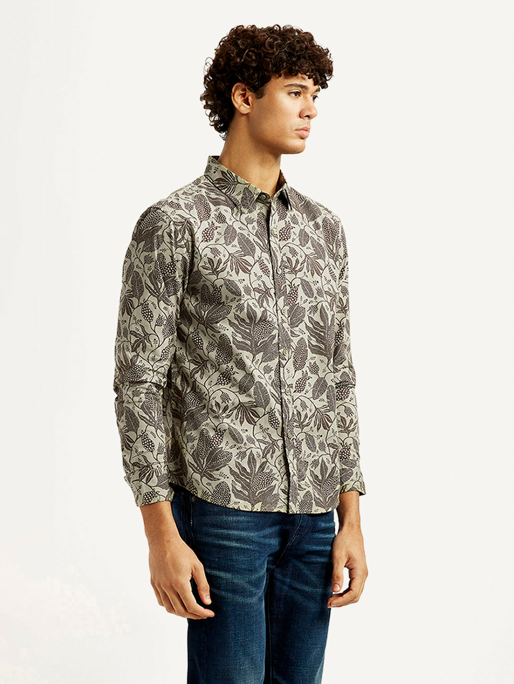 Men's Printed Khaki Slim Fit Shirt - Side View