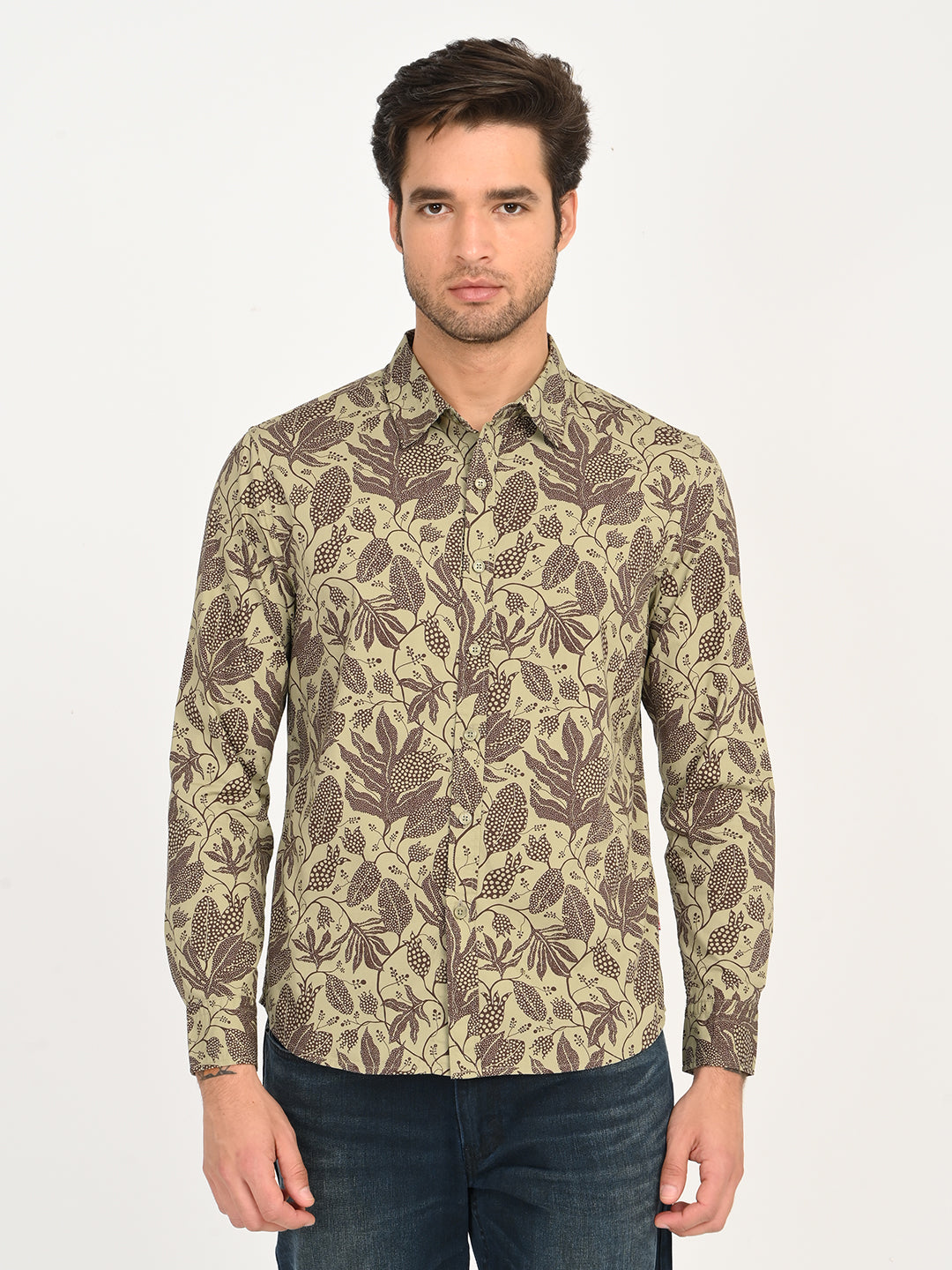 Men's Printed Khaki Slim Fit Shirt - frount View