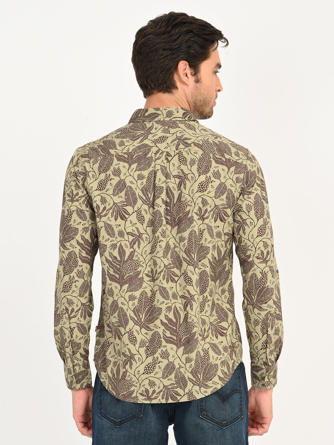 Men's Printed Khaki Slim Fit Shirt - back View