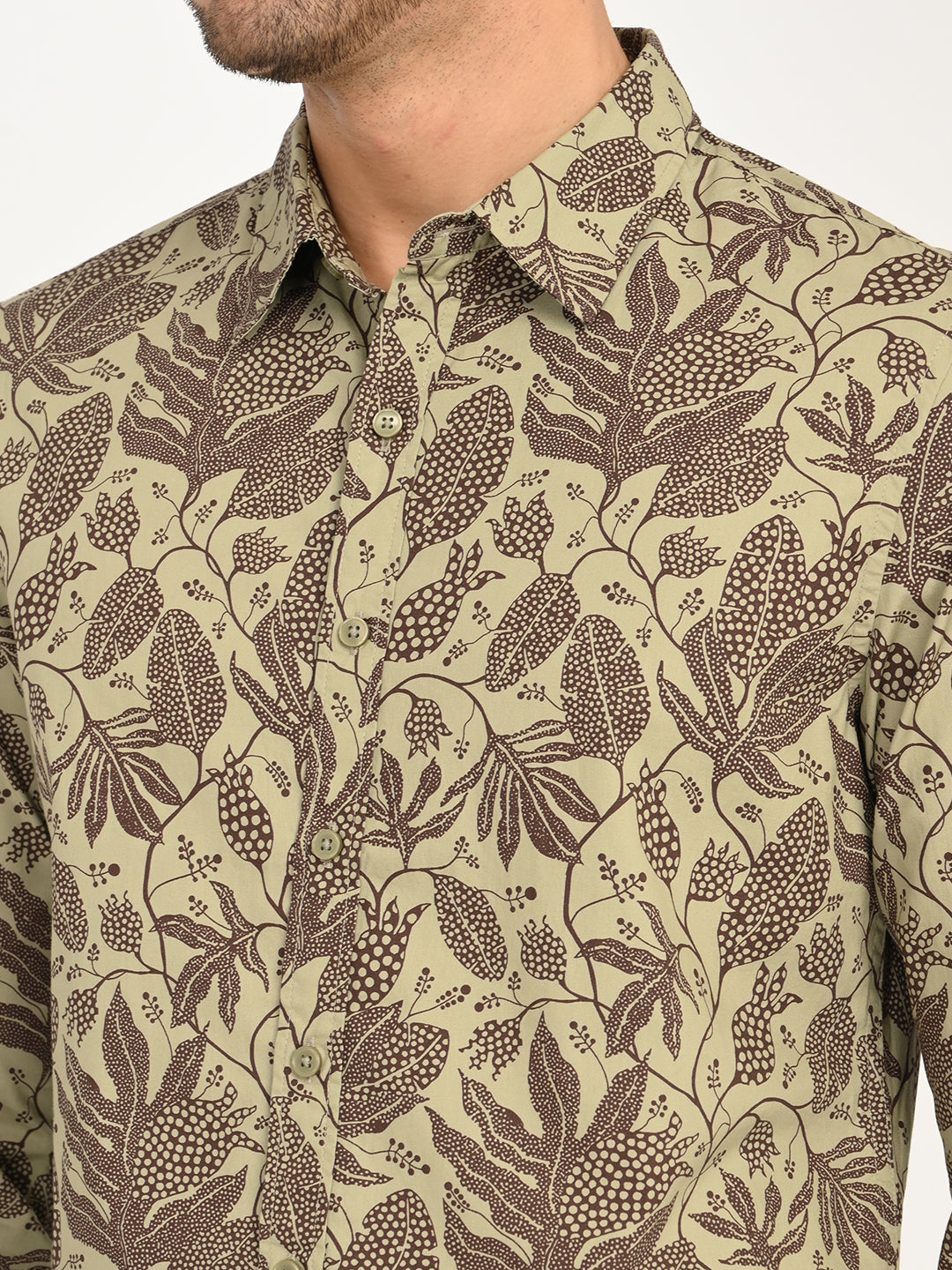 Men's Printed Khaki Slim Fit Shirt - deatil View