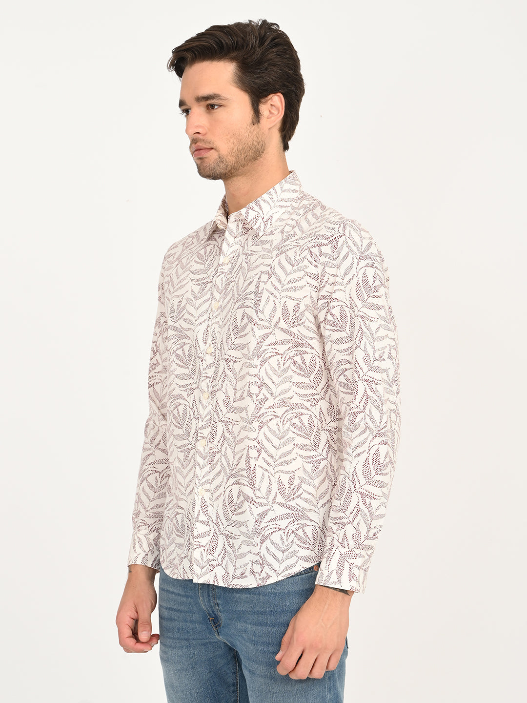 Men's Printed Off White Slim Fit Shirt - side View